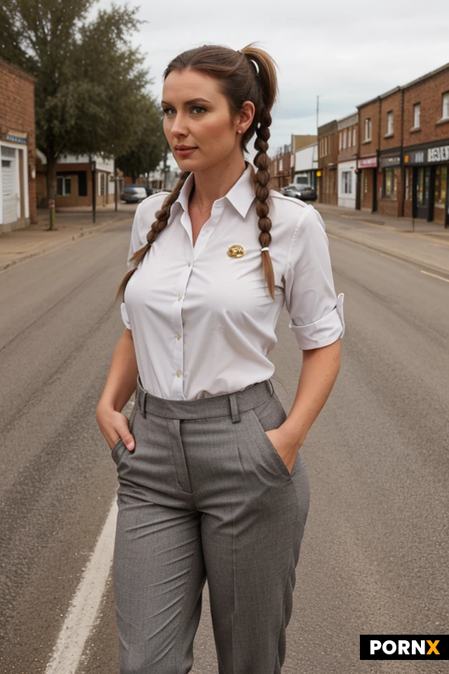 36 years old milf british.sheriff.small town sheriff's clothes.buttoned shirt.grey work trousers.thick body.brown hair with pigtails.deserted road.