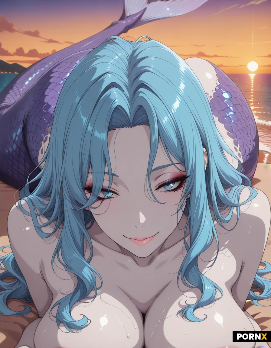 masterpiece, best quality, highres, absurdres, 1girl, mermaid, full_body, blue_hair, long_hair, wavy_hair, hair_over_one_eyes, blue_eyes, mascara, pale_skin, large_breasts, milky_breasts, lying, pleased, purple_tail, glimmering_scales, seaside, sunset, outdoor, sunset_glow, portrait, malepov, anal sex