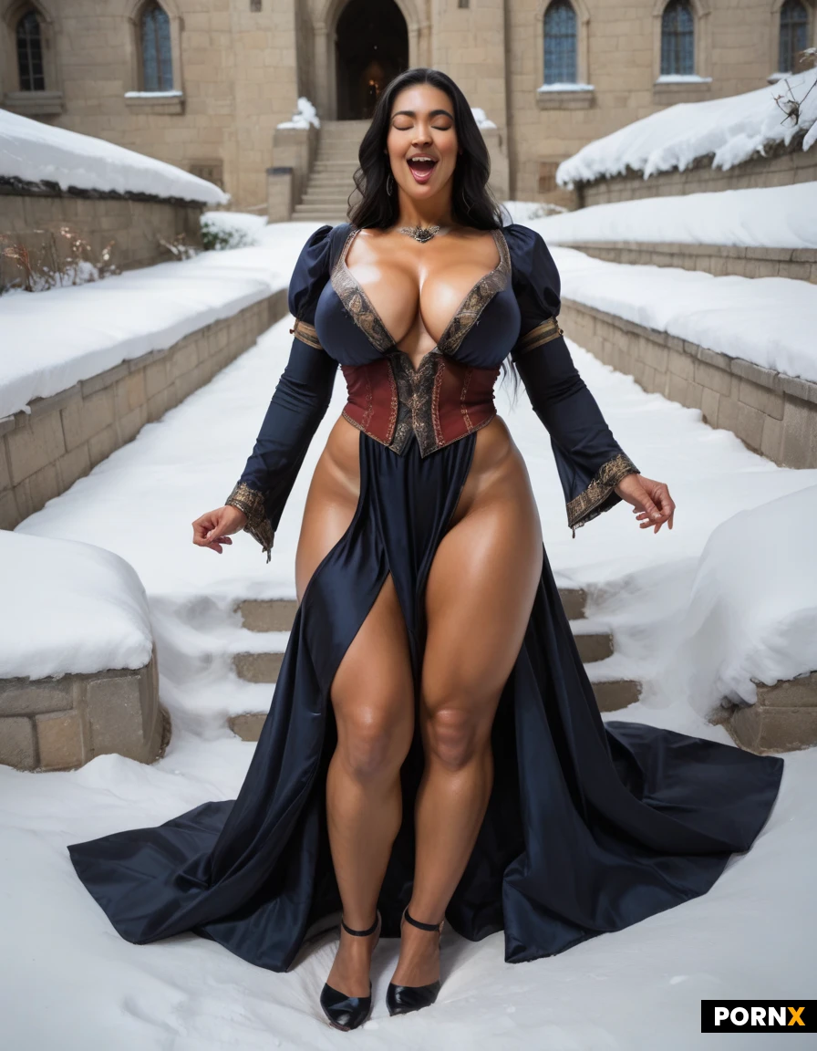 Woman, Busty, Wizard Robes, Without pants, Winter, Castle, Cinematic light, Long hair, Dynamic angle, Busty thighs, Laying, Mongolian, Black hair, Happy face, Tanned skin, Big breasts, Full body, Closed eyes, Open mouth