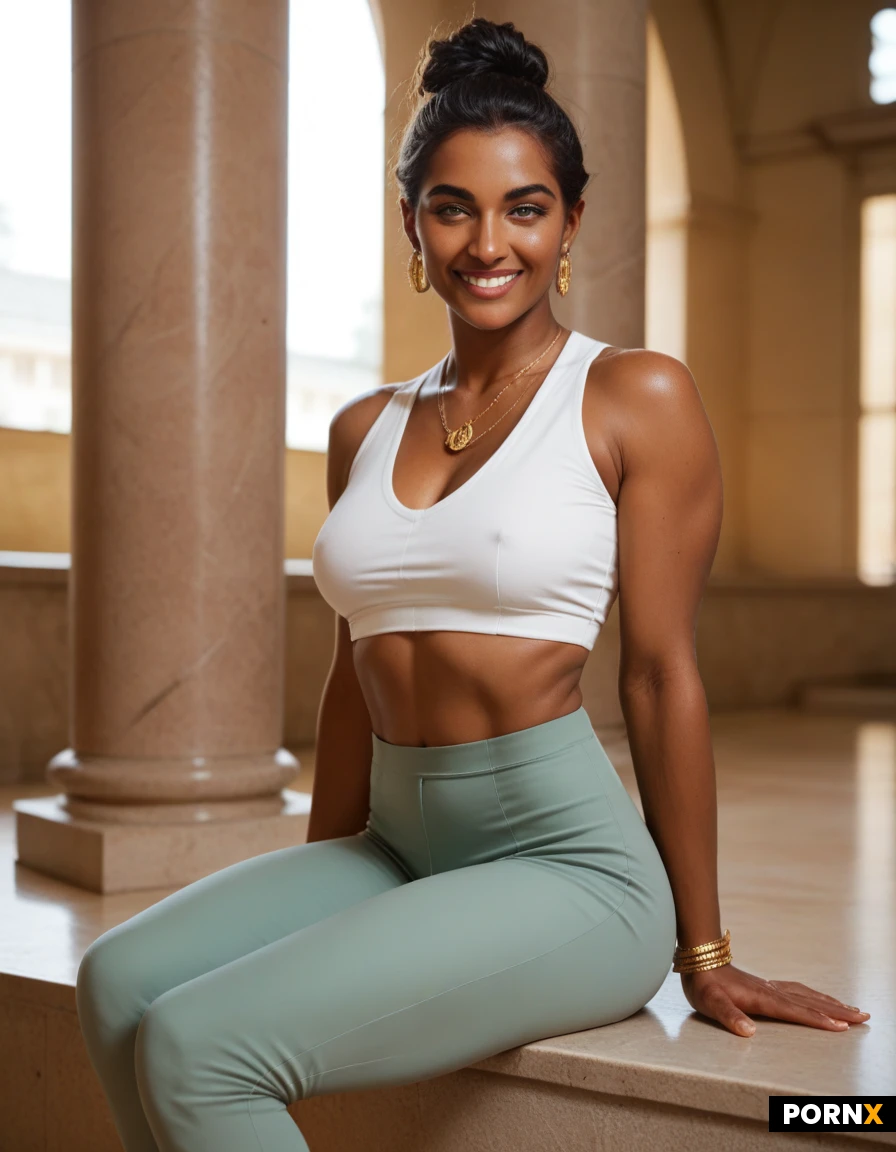 20 year old Indian woman with tanned skin slim figure smiling. Sitting on the steps of a museum with columns, wearing a long-sleeved shirt and jogger pants.