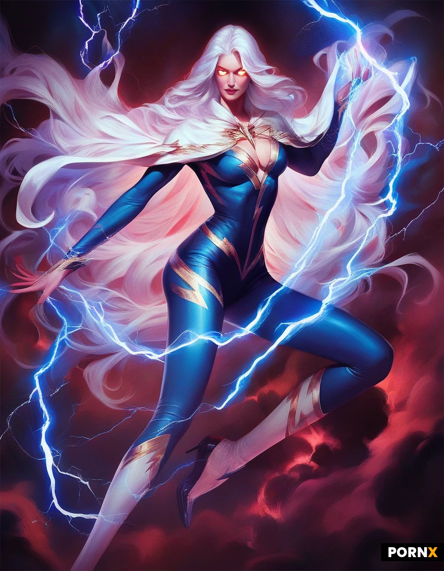 high definition, super realistic, pretty heroine, pretty face, curved jody, she is floating in the air, long flowing white hair, solid white glowing eyes, toned skin, wearing the iconic 90s white and gold full body bodysuit with a dramatic flowing dual-cape attached to wrists, Conjuring bright blue lightning bolts in her hands. background, dark stormy sky, with dramatic thunderclouds and bright lightning flashes ,detailed face, detailed eyes, dynamic angle