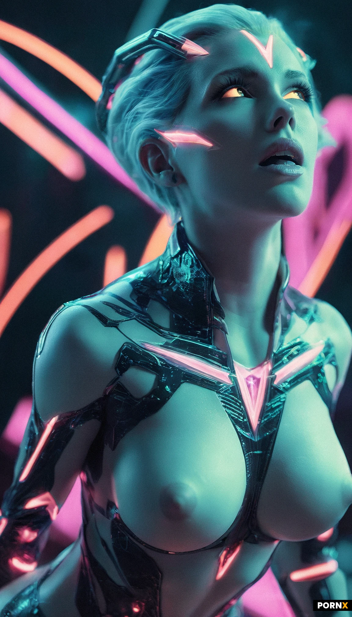 A towering alien-inspired female figure with iridescent synthetic skin and a nonhuman silhouette dominates the frame, her body accentuated by massive, exaggerated silicone breasts that swell beyond natural proportions, each glistening under a surreal neon fractal glow. Her face is angular, pierced by glowing geometric implants and covered in demonic rune tattoos that pulse violet across her pale white torso, while asymmetric cyber armor of a dark hyperdemon pastel aesthetic clings to her limbs, exposing cybernetic sockets and a mouth opened in a deep-throat blowjob pose, teeth glinting against the soft neon haze. She stands in a futuristic, dream-like chamber where holographic distortions ripple around her, soft rim lighting casting ethereal shadows and a gentle neon haze envelops the scene, creating a surreal tech ambience. The camera captures her from a side-above angle with a shallow depth of field, framing her elongated form against an unconventional pastel-dark color palette, rendered in high-detail illustration style with cinematic glow and ethereal sci-fi elegance.