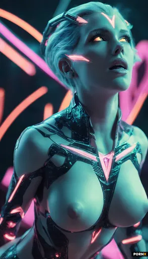 A towering alien-inspired female figure with iridescent synthetic skin and a nonhuman silhouette dom