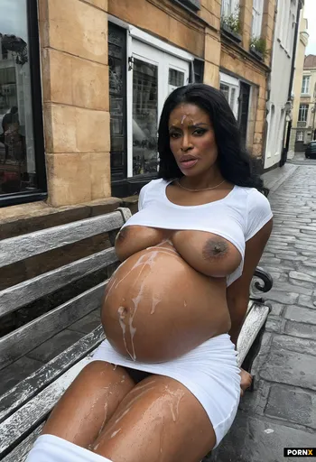 Walking by Pregnant woman with giant tits sitting on a Street bench