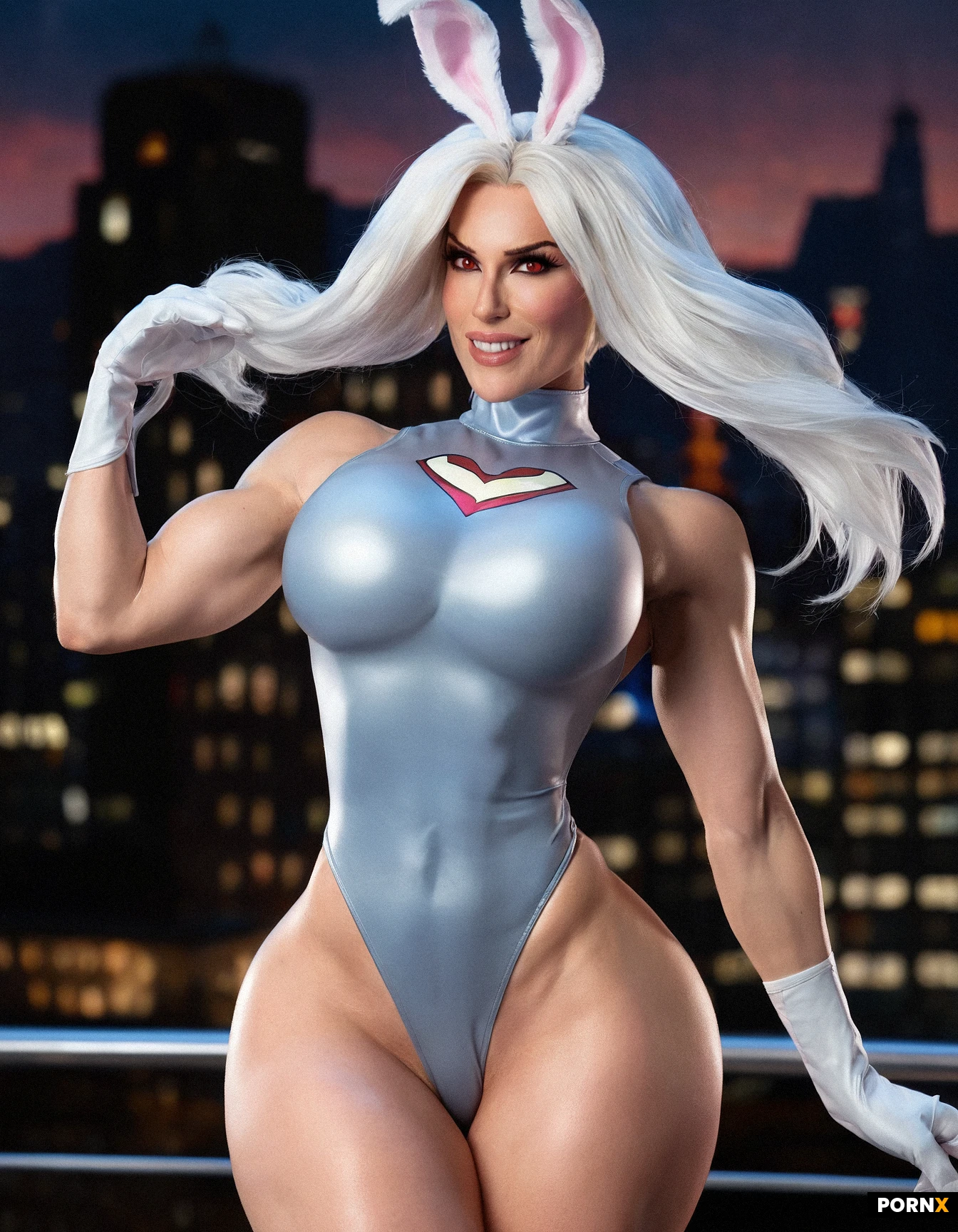 A dark-skinned, muscular rabbit-girl with cascading white hair, long fluttering eyelashes, and striking red eyes perches confidently, her rabbit ears and fluffy tail framing a playful grin that exposes a row of sharp teeth. She stands in a dynamic pose, one hand resting on a hip while the other pulls at the edge of a sleeveless high-leg turtleneck leotard that clings to her ample, sculpted breasts, thick thighs and toned shoulders, the high cut exposing a covered navel and the curve of her hips. The leotard features a glossy crescent-shaped print, a plush fur collar, and is paired with pristine white gloves that accentuate her muscular forearms, while the rest of her body is bare, emphasizing her powerful physique. Soft rim lighting outlines her figure against a dark, blurred superhero-city backdrop, with a shallow depth of field and a low, slightly tilted camera angle that captures her seductive stare directly at the viewer, highlighting the explicit sensuality of the scene.
