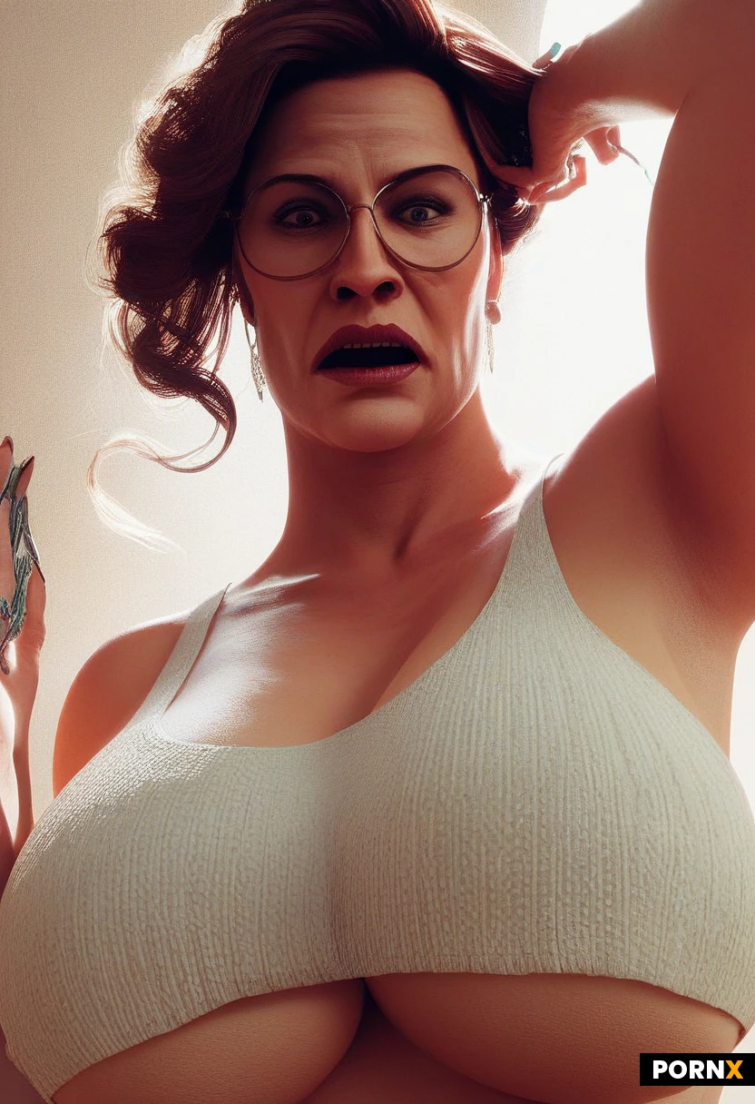 masterpiece, best quality, highres, absurdres, western_comic_illustration, turkish_mom, close_up_portrait, looking_at_viewer, shocked_expression, huge_breasts_squeezed_together, pink_underboob_crop_top, dim_lighting