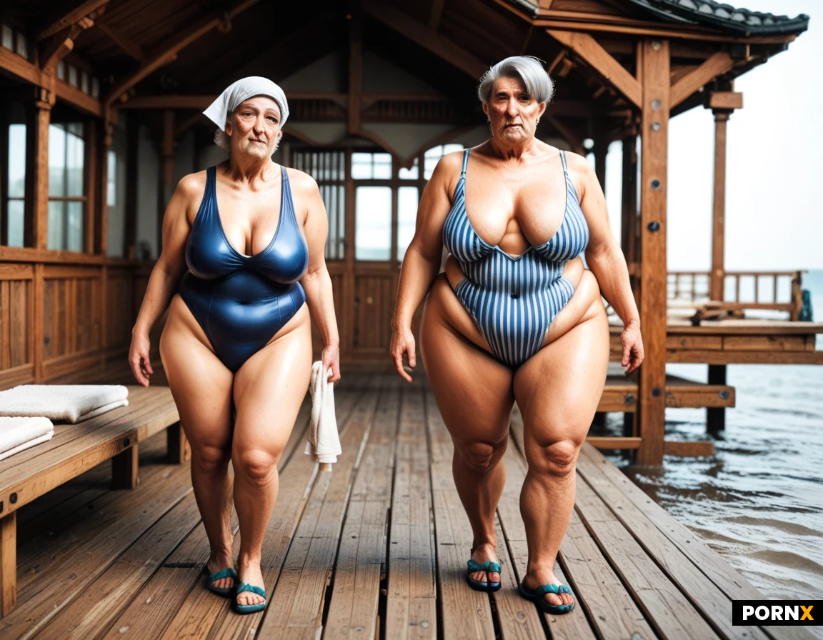 (((((gilf))))),german,obese,sagging breasts,aged skin,skin laxity,,wide hips, gigantic, plump, broad,older, French, full figured, stocky, rounded, shoulder length gray hair, weathered face, calm eyes, retro swimsuit, skirted swimsuit, linen robe, flat sandal, seaside bath, pier, sand, striped cabins, sturdy, short white hair, broad face, lined skin, modest swimsuit, skirted bathing suit, knit cardigan, swim shoes, headscarf, towel, reserved, hands clasped, standing, lakeside lido, wooden dock, pebbles, benches, bathing huts
