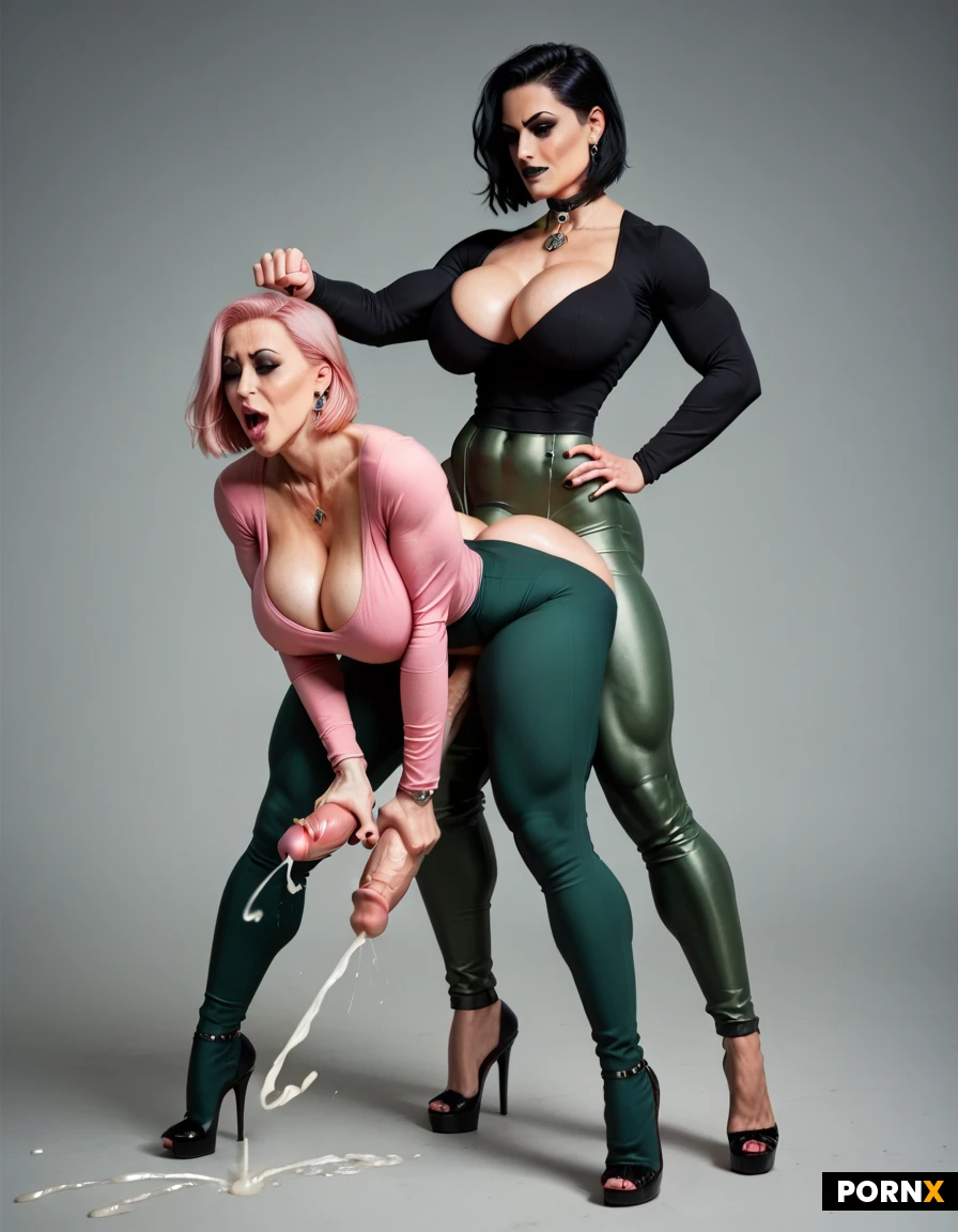 Futanari,(goth:1.3),(pink hair),(milf),(large breasts:1.5),(cleavage),(pink shirt),(thin waist),(green pants),(big cock),(long cock),high heels,tight long sleeve,(skin tight clothes),(hands on pelvis),(cumming:1.6),(orgasm:1.3),(dominant stance:1.5),standing,(domineering),hands on ass,feminine arms,(straight hair),(bob cut),(thrusting hips forward:1.3),(slim),skinny,(fit:1.5),2 people