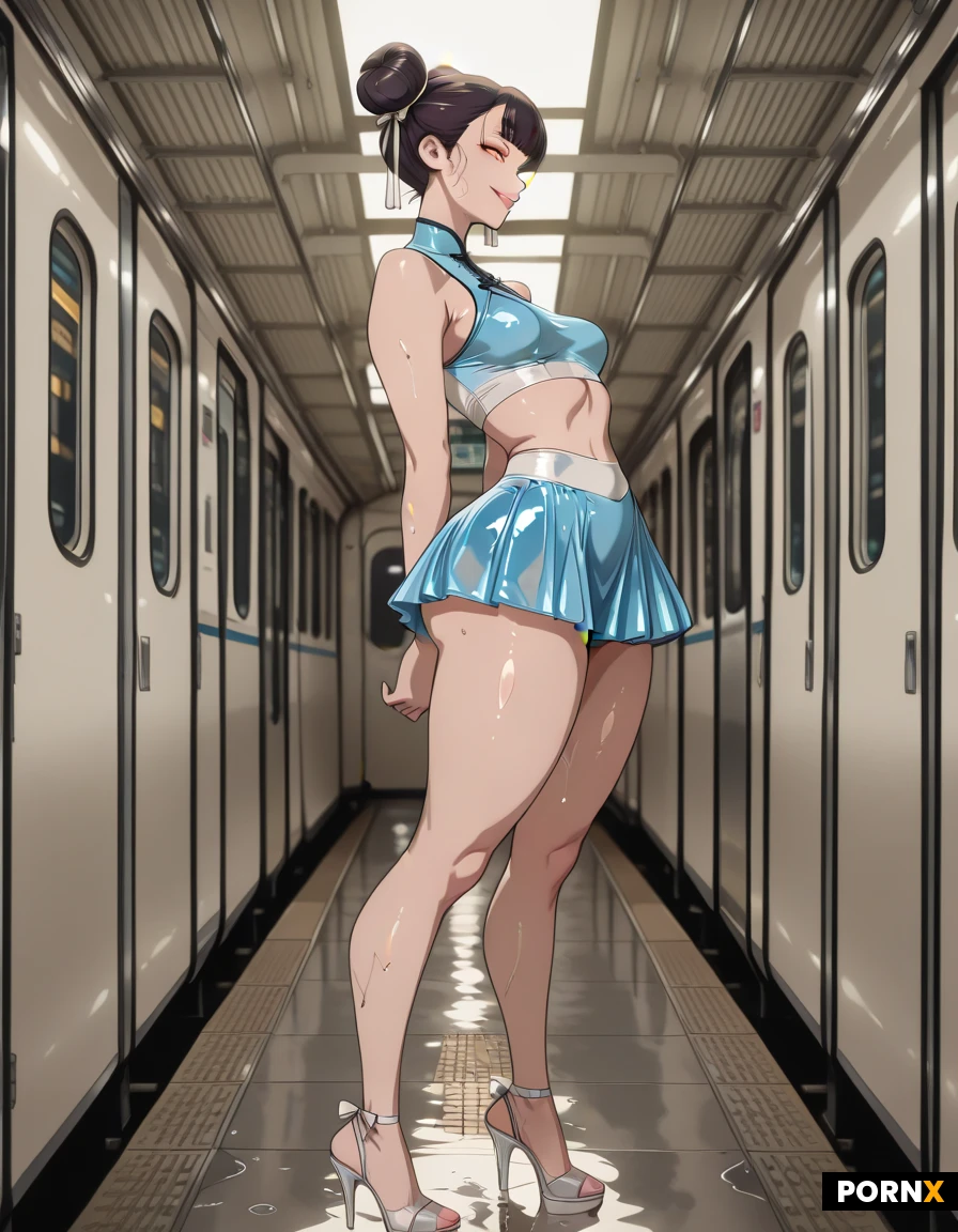A beautiful Chinese woman in her mid-20s with glossy dark brunette hair styled into two high buns tied with crisp white ribbons gazes confidently toward the incoming train, her full cheeks flushed and eyes bright, while a slight, mischievous smile plays on her full lips. She flaunts a svelte, tiny waist, perky small breasts, and a dramatically curvaceous, round ass that bulges over a pair of form-fitting, ultra-tight blue sleeveless crop top and matching mini-skirt, the fabric clinging to her thick, muscular thighs and highlighting the generous hip curve, all completed by sleek white open-toe high-heel shoes that accentuate her long, arched calves. The scene is lit by the harsh, cool fluorescents of Canal Street train station mixed with a soft rim of amber light from the approaching train, casting subtle reflections on the wet platform while a low, side-profile camera angle with shallow depth of field captures her from the hips up, emphasizing the curve of her backside against the gritty urban backdrop. The speeding train arrives in the background, its metallic doors sliding open, adding dynamic motion and a hint of steam, rendered in hyper-realistic digital art style with ultra-high detail textures and cinematic lighting.