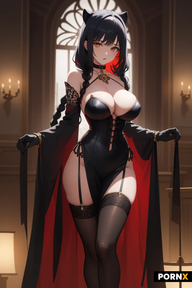 A statuesque adult woman with vibrant fuchsia skin stands provocatively in a dimly lit, opulent ballroom, her posture slightly arched to accentuate a generous, plunging neckline that reveals a hint of bare décolletage beneath a black corset embroidered with crimson heart motifs; her long, airy red gown cascades in multiple layers of pale crimson, each edged with alternating black and gold trim, while delicate black roses unfurl from the base of the corset. She wears matching black-red boots and elbow-length gloves, both patterned with the same scarlet hearts, and her jet-black hair is twisted into two intricate spiral braids that frame a sleek black panther mask adorned with embroidered floral designs on the crown and sides, the mask's shoulder pads echoing its ornate pattern. A smoldering cigar dangles from the corner of her mouth, and a thin black choker encircles her neck, catching the soft rim lighting that highlights the glossy texture of her skin and the sheen of the fabric, captured from a low, slightly tilted camera angle that emphasizes her height and creates a shallow depth of field, rendered in high-resolution digital painting style with a cinematic, chiaroscuro atmosphere.