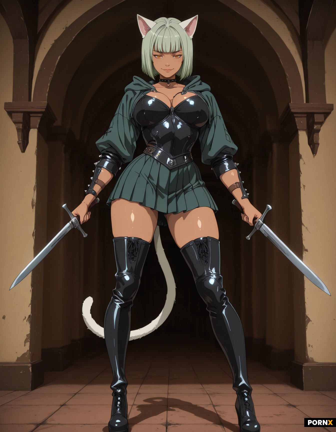 Fantasy Leather Armor, Studded Leather Armor, Sexy Armor, Thigh High Boots, Leather Choker, Hooded Mantle, Pleated Micro Skirt, Wielding Short Swords, (Cat Ears:1.3), (Smooth Cat Tail:1.4), Make-up, Slight Smile, Dark Skin, Standing, Sexy Pose, Full Body, Looking Down On Viewer, High Res, Detailed Skin Texture, Shiny Skin, Cinematic, Warm Lighting, Neutral Background