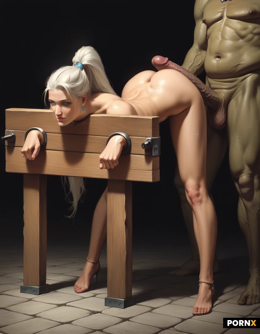 (pillory:1.4), long white hair slicked back in a ponytail, slim waist, big busty round tits, puffy pussy, naked, hourglass figure (big wide blue eyes:1.4) bare legs, (Ultra-realistic) high res, detailed skin texture. sexyleague. realistic Sweat,, cinematic, (black background, stone floor). Frostarcher. haughty expression, proud expression, regal (ice arrows) standing bent over, ass up. (ugly naked goblin with veiny penis:1.2) (female focus)( imminent deepthroat) (side profile)