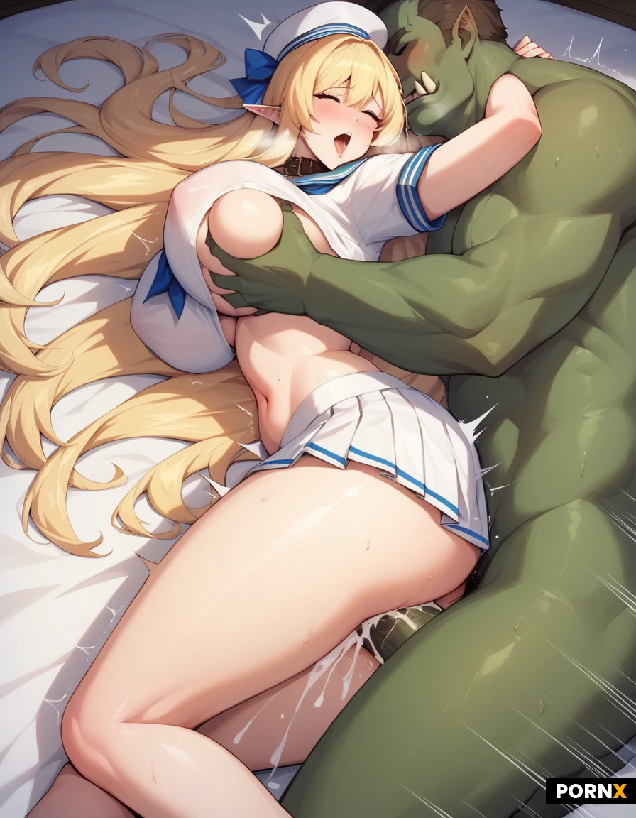 beautiful woman, straight brown hair with bangs, tanned skin, huge breasts, curvy body, spooning position, lying on side, penetration from behind, sex, sailor uniform, white crop top, navy collar, mini skirt, sailor hat, elf blonde, moe kawaii, anime eyes, blonde hair, very long hair, pale white skinned, sexy thicc Legs, Narrow Waist, Wide Hips, Round Breasts, Exposed Hips, Exposed Waist, Tummy Pooch, fat sexy ass, beautifull castle view, massive orc, massive orc cock, orgasm,