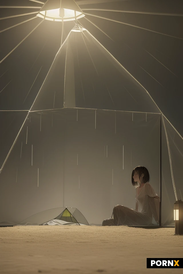 (low light image:1.7), View from inside a dry and cozy tent, ((full body view)), campsite in constant rain, muddy weather, 30 years old, muscular, extremely small sagging breasts under hiking shirt, flat chest, ultra realistic skin, smiling, stunning, sexy, hot, brown hair, (Long Layered Bob:1.2), totally wet hair, sitting inside the tent, wears a tan cotton hiking shirt that is soaking wet and sticks tight to her skin, showing her shape, a thunderstorm is approaching, (lightning strikes:1), it is dry and cozy inside the messy tent, (dry and cozy tent interior:1.2), focused body, small colorful LED lamps give warm light, perfectly lit woman, hvrn, heavy, rain, <lora:MJ52:.8>, ((see-through))
