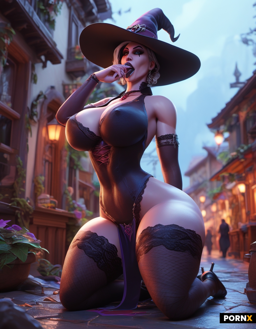 Curvy Goth witch woman sucking her own futanari dick through a portal