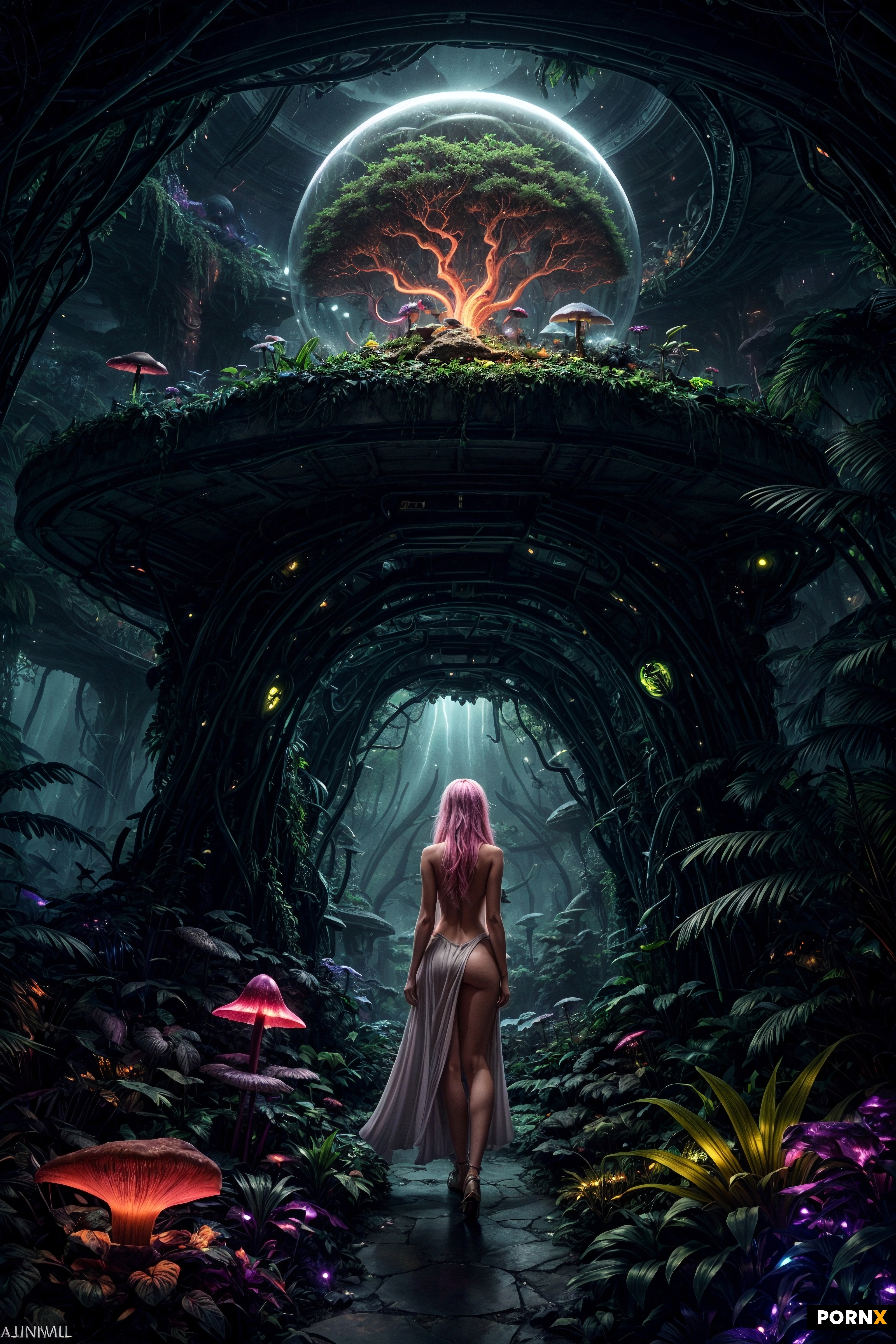 scene_description: A gorgeous woman emerges from a round glass structure that appears to be a large 