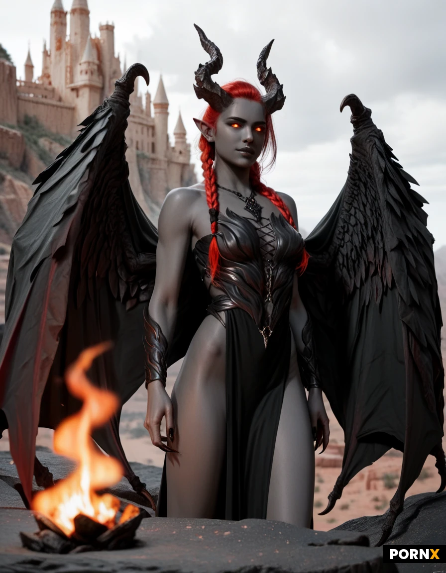 30yo Russian/Scandinavian elf, charcoal-gray skin, desert mountain castle, medium breasts, flame-red hair, braided, (charcoal-gray skin:1.35) (flame-red hair:1.35), horns, claws, glowing amber eyes, sexy adventuring outfit, wings
