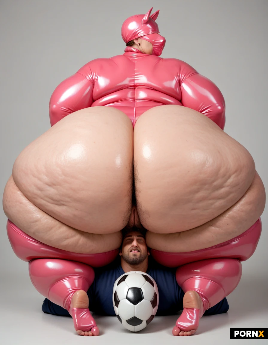 hyper USSBBW MILF Cellulite, hyper curvy MILF, (morbidly obese hyper gigantic ass: 1.3), very thick thighs, (overweight: 1.3), pale pink latex full-head mask, (hyper obesity: 1.2), ( pale pink full-head latex mask: 1.2), (covered head, covered hair, covered eyes, covered nose: 1.3), (covered eyes: 1.3), see-through pale pink latex bodysuit, mature skin, (hairy pussy: 1.3), hairy crotch, hyper voluptuous MILF, hyper wide waist, extremelly exaggerated ass, enormous massive ass, looking at the viewer, gigantic ass, oiled skin, weight gain, gigantic body, hips wider than her shoulders, hyper massive mons pubis, extra hairy mons pubis, large labia, riding male football player