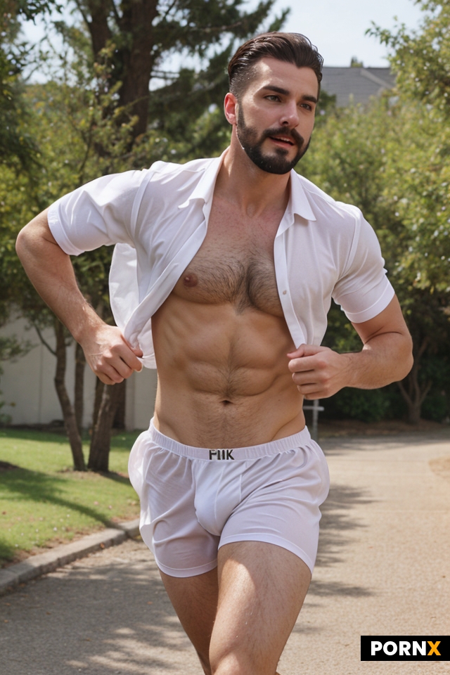 40s male facial hair white briefs running outside bulge bouncing