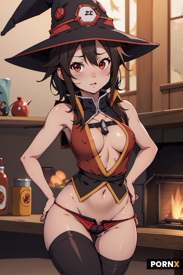 Konosuba anime megumin bubble butt bib nipples skimpy slutty witch hat red skinny scrawny