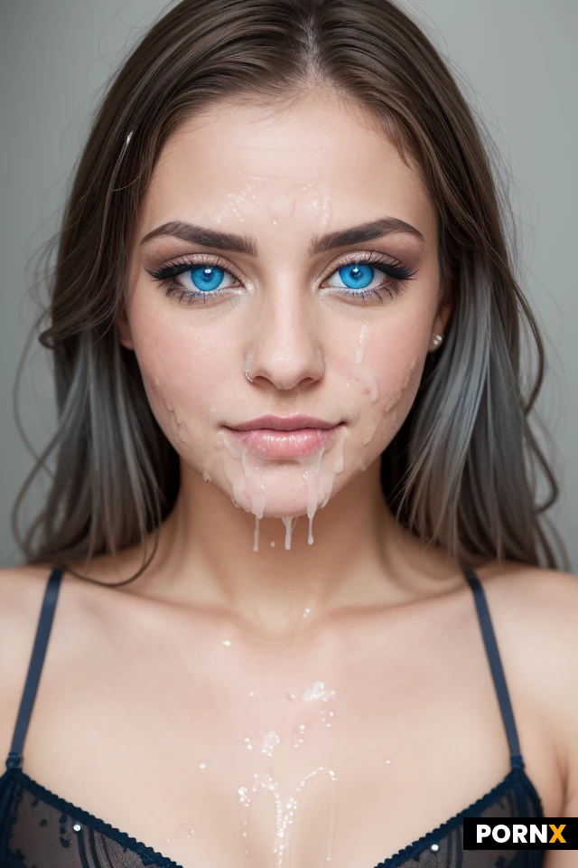A close-up portrait of a woman with striking blue eyes and long, wavy brown and blonde ombre hair. Her face is partially covered in a liquid, with streaks dripping down her forehead, cheeks, and chin, and a small amount on her lips. She wears a glittering, embellished bra. The background is softly blurred, with cool blue and grey tones. The lighting is soft and highlights the wetness on her skin and the sparkle of her attire. The image has a shallow depth of field, focusing intensely on the woman's face and expression, which is neutral and direct, looking straight at the viewer. The overall mood is sensual and intimate, with a high degree of realism and photographic quality. Shot with a high-resolution camera, featuring soft, diffused lighting and a bokeh effect.