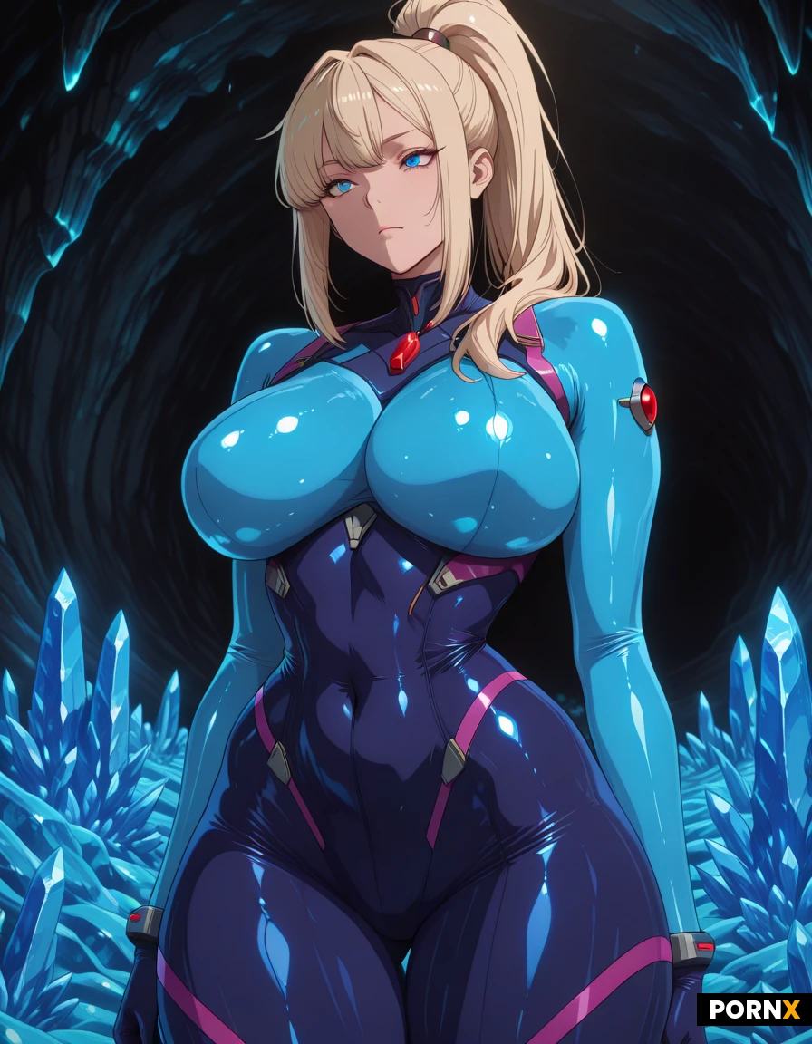 „tall athletic female space pilot, long blonde hair in high ponytail, fair skin, sharp blue eyes, extremely tight glossy blue full-body bodysuit hugging every curve like a second skin, massive firm breasts, narrow wasp waist, ultra-wide hips, thick powerful thighs, toned athletic yet hyper-curvy figure, standing confidently in glowing alien crystal cave, bioluminescent blue and purple crystals, misty sci-fi atmosphere, heroic explorer pose
