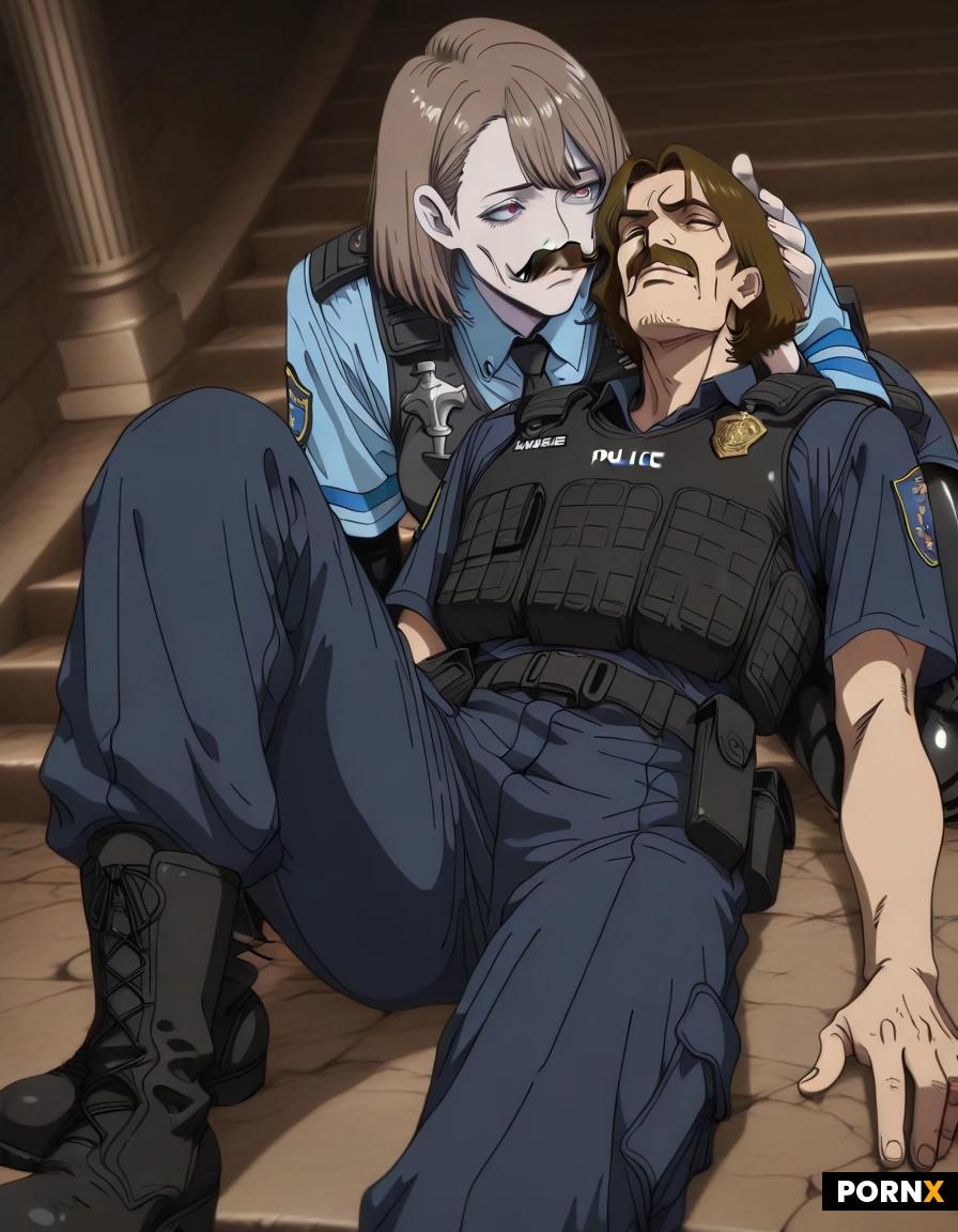 A Caucasion man with brown hair, mustache, pale skin wearing tactical French police uniform with protective vest, utility belt and black patrol boots, man laying flat on his back on the front steps of the Basilique du Sacré-Cœur de Montmartre, extremely well detailed image
