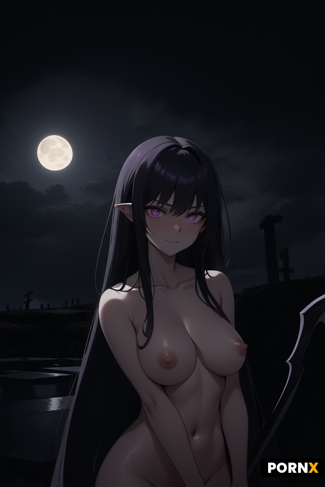 A naked female reaper inside a graveyard