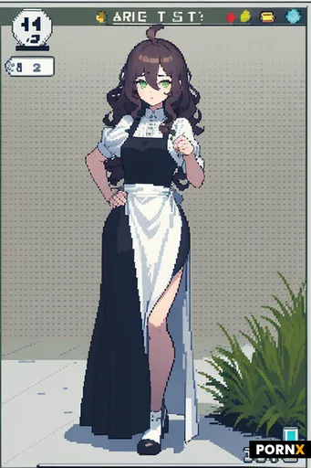 Pixel art stylized to resemble a tired 20‑year‑old girl with long