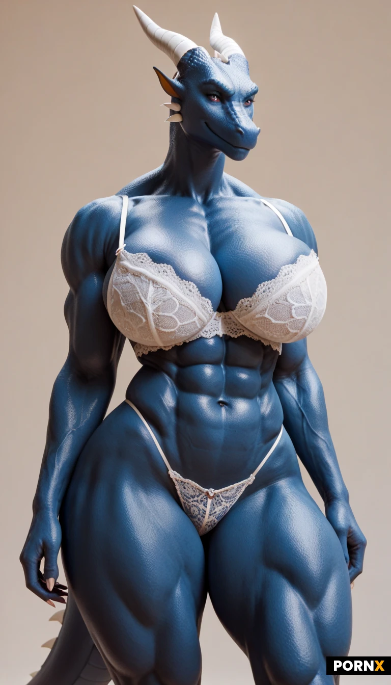 Curvaceous yet muscular (furry dragon:1.5) with gigantic, round, heavy breasts, dragon skin texture and coloring, dragon tail, defined abdominal muscles, thick thighs, balanced proportions wearing a white lace bra and string thong and stood in the middle of a busy lingerie store. Woman has sexy smile.