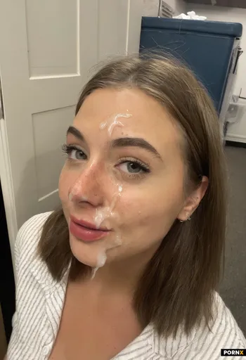 18 year old woman college dorm hallway baggy shirt underpants cum on her face eye contact 2010s
