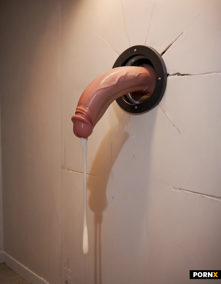 glory wall, penis sticking through hole in wall, machine on penis, machine milking, milking machine, penis milking, penis through wall, hole in wall, ejaculation, cum dripping, dark lighting.