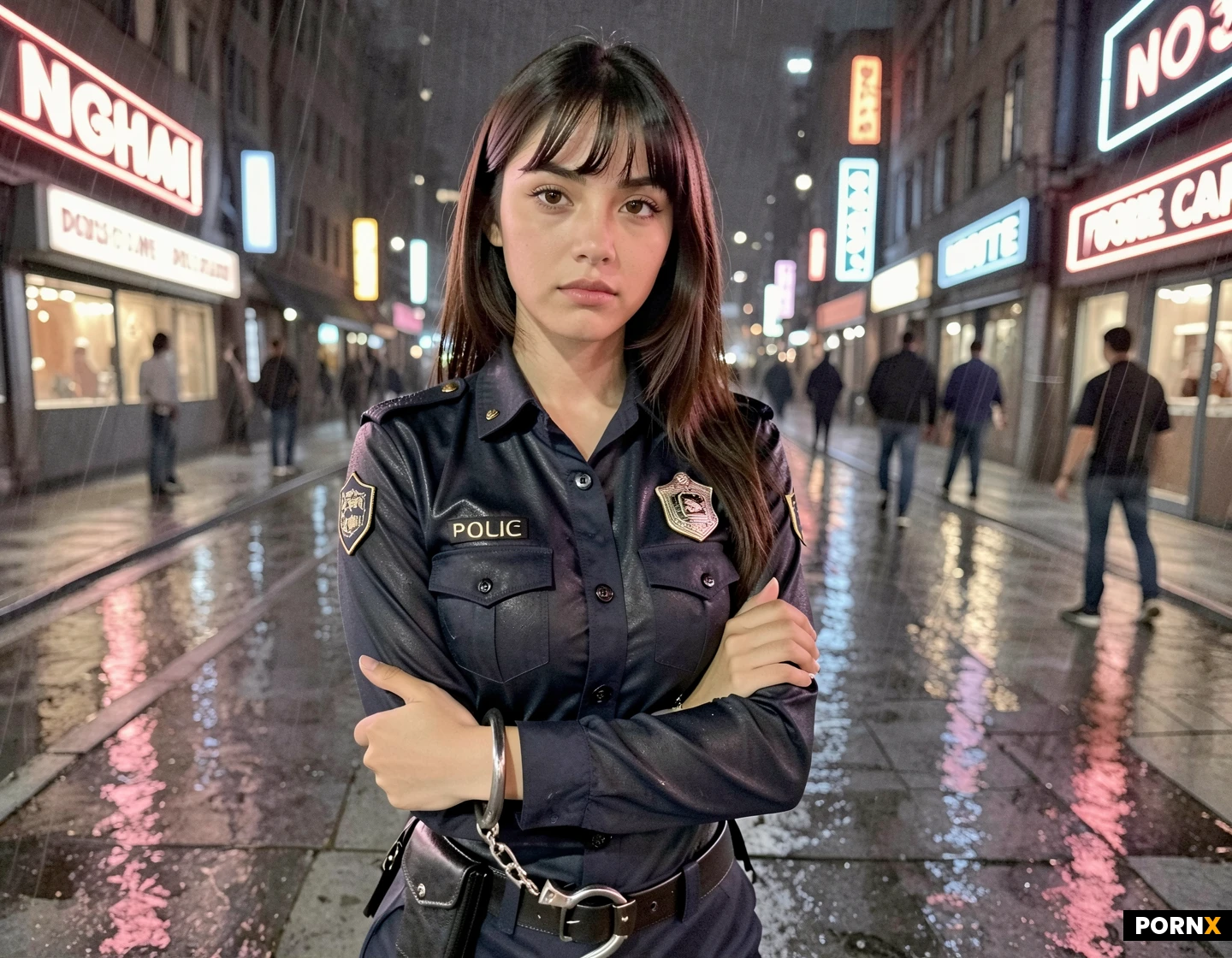 masterpiece, best quality, highres, absurdres, police_uniform, badge, handcuffs, standing, arms_crossed, looking_at_viewer, serious, confident, night_city, neon_lights, rain, street, cityscape, dramatic_lighting, backlight, wet_surface, dynamic_angle, low_angle, full_body, realistic, high_detail
