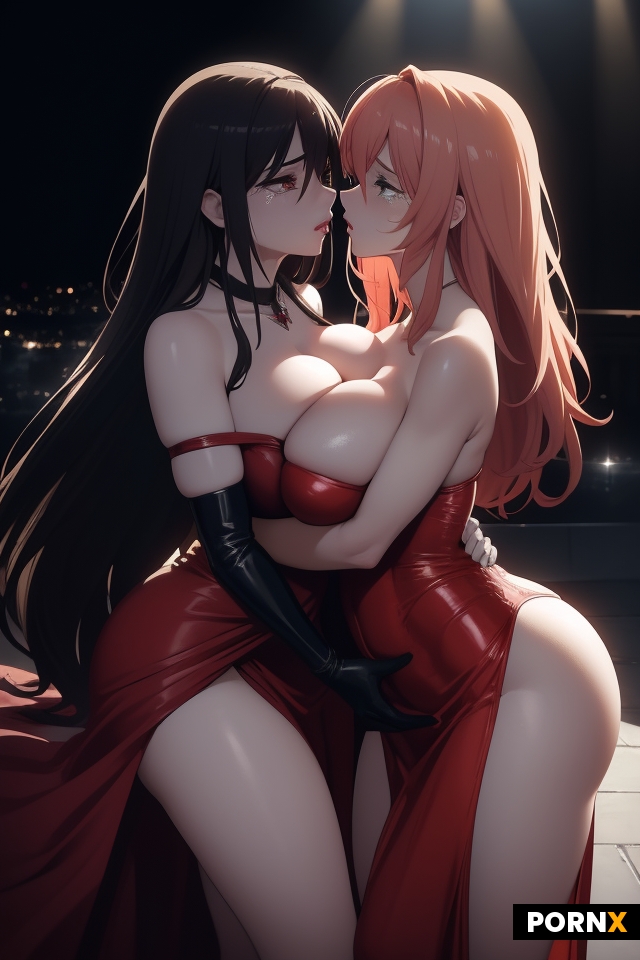 The scene depicts two gorgeous women sharing a passionate kiss on stage