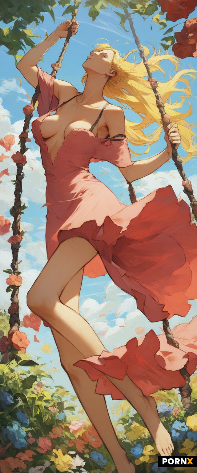 One piece anime style woman sitting on swing in a garden