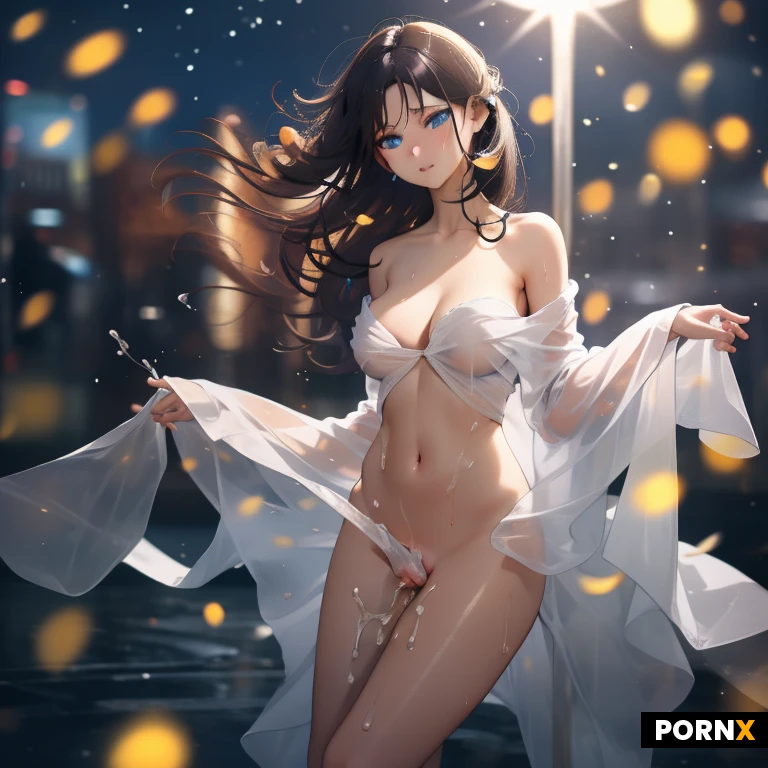 masterpiece, best quality, highres, absurdres, adult, long_hair, blue_eyes, large_breasts, nude, looking_at_viewer, standing, spread_legs, wet_pussy, cityscape, night, starry_sky, backlight, soft_light, high_angle