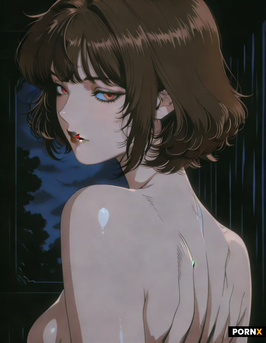 Gothic vampire elf, beautiful, attractive, short hair with bangs, black lips, brown hair, red eyes, nude, extremely attractive body, muscular body, small breasts, huge butt, alluring gaze.