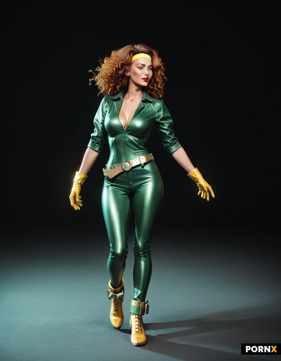 Redhead Irish woman. Fair skin. Red lipstick. Yellow gloves. Green and yellow latex body suit. Brown leather jacket with rolled up sleeves. Long yellow boots to her knees. Long curly hair. Flying in the air. Comic book hero. Super hero. Yellow headband around her forehead. Fluffy hair. Beauty. Stunning confidence. Sci fi. Super hero pose. Flying in the air. Yellow belt. "X" belt buckle. 8k resolution. Glamor photo. Strong. Fit. Busty. Tease. Glamor shot. Brown leather jacket with the sleeves rolled up. Thin. Skinny waist. Gorgeous. Yellow and green latex bodysuit. (Loose belt: 4.3) Pinup bombshell beauty style.