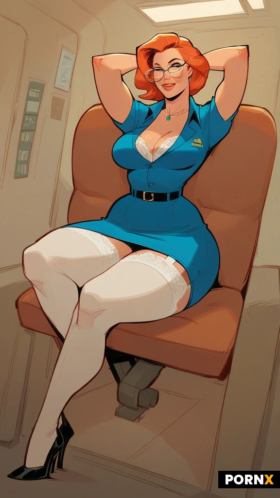 Woman,American,White,40 years old,MILF,bimbo,slutty,cougar,sexy,red orange hair,short round bob,short hair,green eyes,freckles,devious,seductive,medium breasts,fit body,short,hourglass figure,wide hips,huge hips,huge thighs,thick thighs,stewardess,glasses,flight attendant,sexy flight stewardess,white lace bra,short skirt,long white stockings,high heels,on back,inside airplane,airplane interior,sexy pose,seductive,flirty,horny,hand drawn,illustration