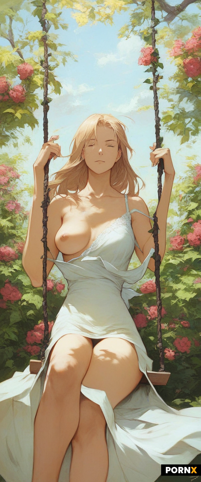 Fate stay night anime style woman sitting on swing in a garden