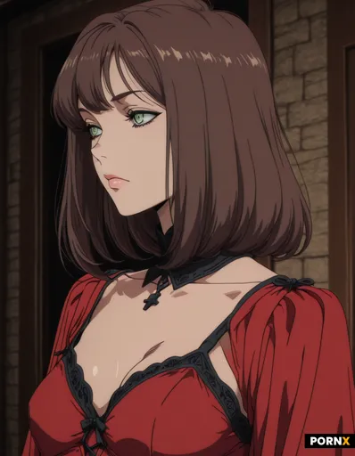 A portrait facing forward in a red fancy medieval lady outfit