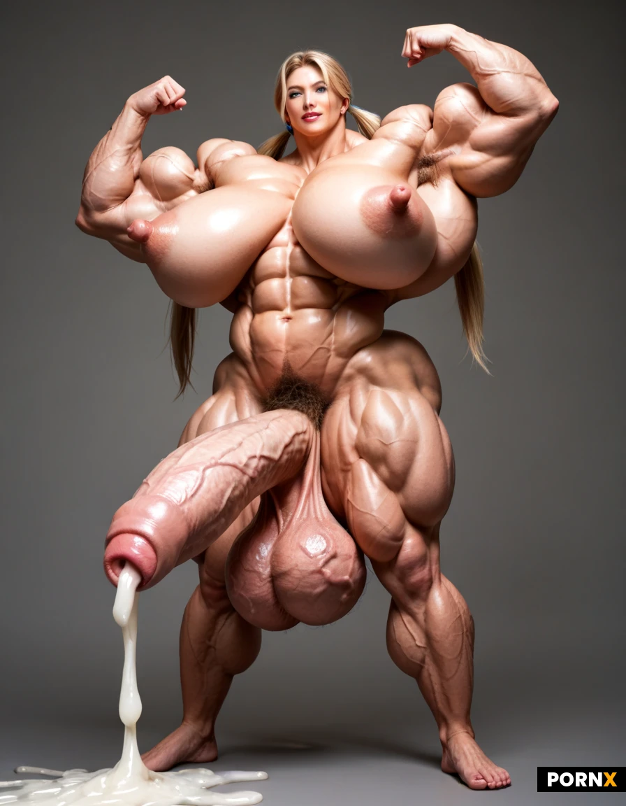 sexy muscular 18 year old tall blonde futanari wearing a dress posing, no makeup, pigtails, Blue eyes, full body, pink nipples, bare legs, standing in a girly room, good hands, armpit hair, (excessive bodyhair), perfect fingers, puffy areolas, long nipples, huge nipples, (one futanari alone with perfect anatomy, massive sized cock and testicle: 1.39), (veiny testicles), (huge balls), (massive balls), (veiny cock), ((foreskin)), (veiny), (naked), (cum), (huge cum), (excessive cum), (thick cum), (huge muscles), (gallons of cum), (large breasts), (pale skin), ((pubic hair)), ((hyper muscles)), hyper penis, hyper testicles