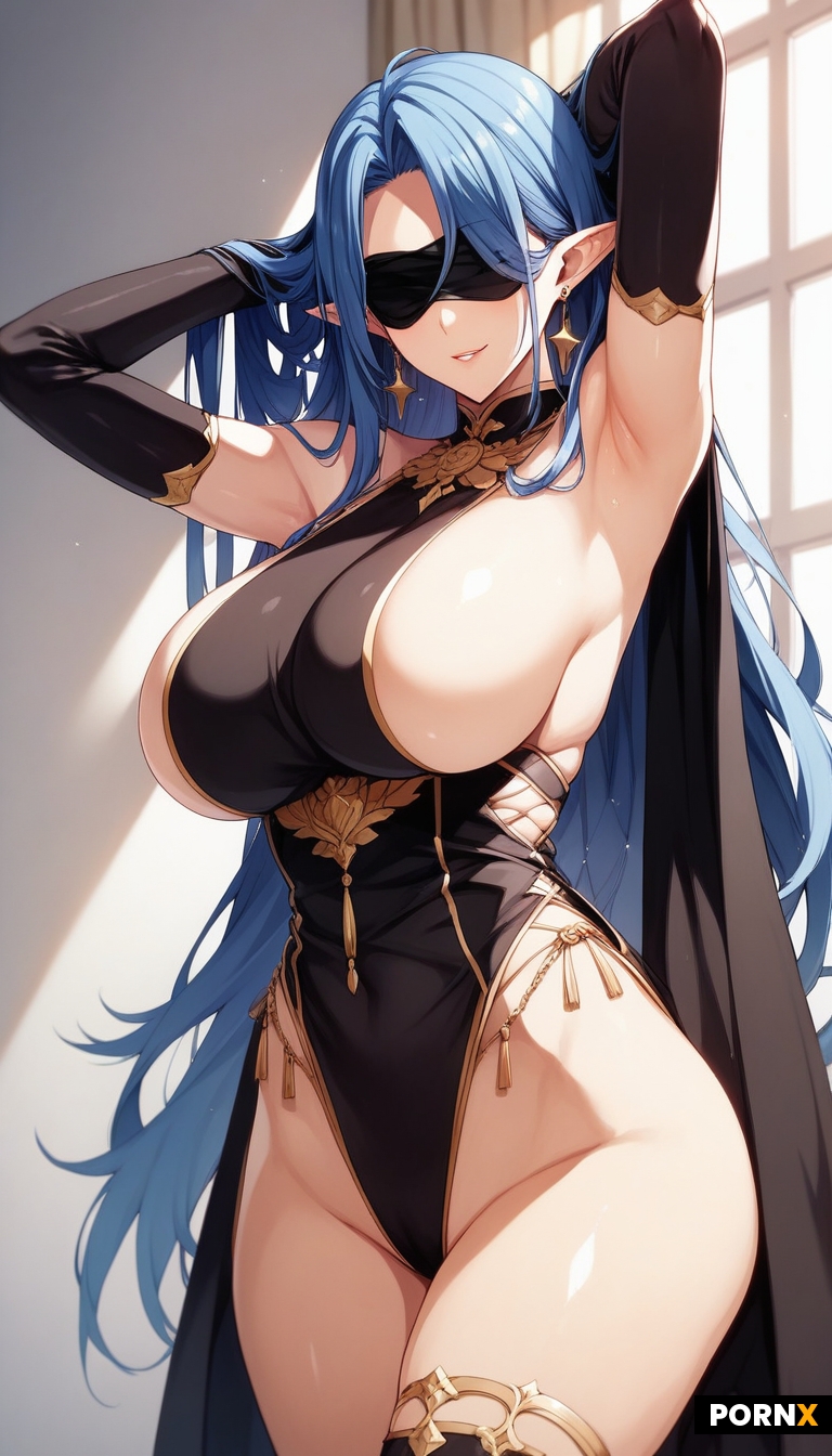 1girl anime_screenshot armpits arms_up black_dress black_gloves blindfold with gold symbols blue_hai