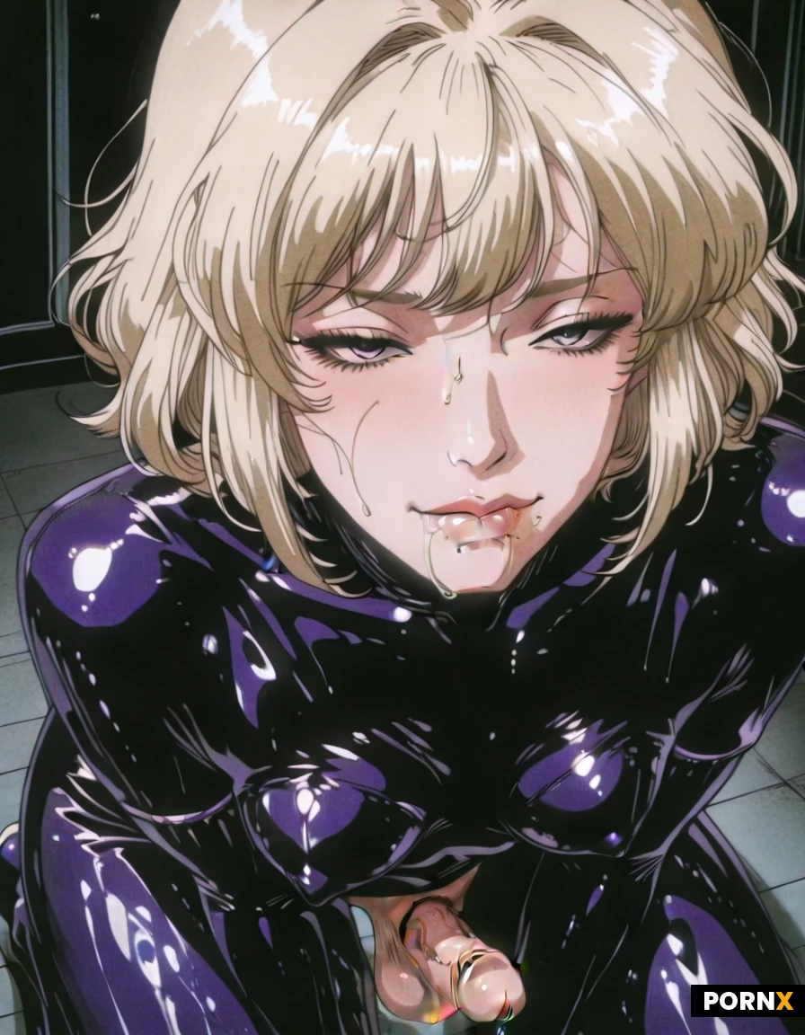 latex cock, masturbation, cumming, blonde, ((small penis)), ((tiny penis)), liquid latex cock, huge testicles, biting lip, lip fillers, purple latex, on knees, desperation, kneeling, detailed face, detailed eyes