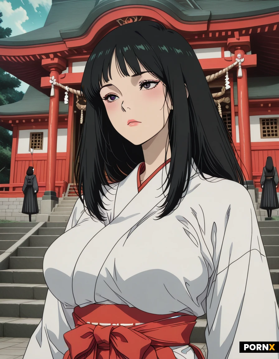 pretty japanese miko, 20s, pretty face,, black long hair, big breast, japanese bow and arrows, she was surrounded by pretty oni women, background, japanese shrine, detailed face, detailed eyes