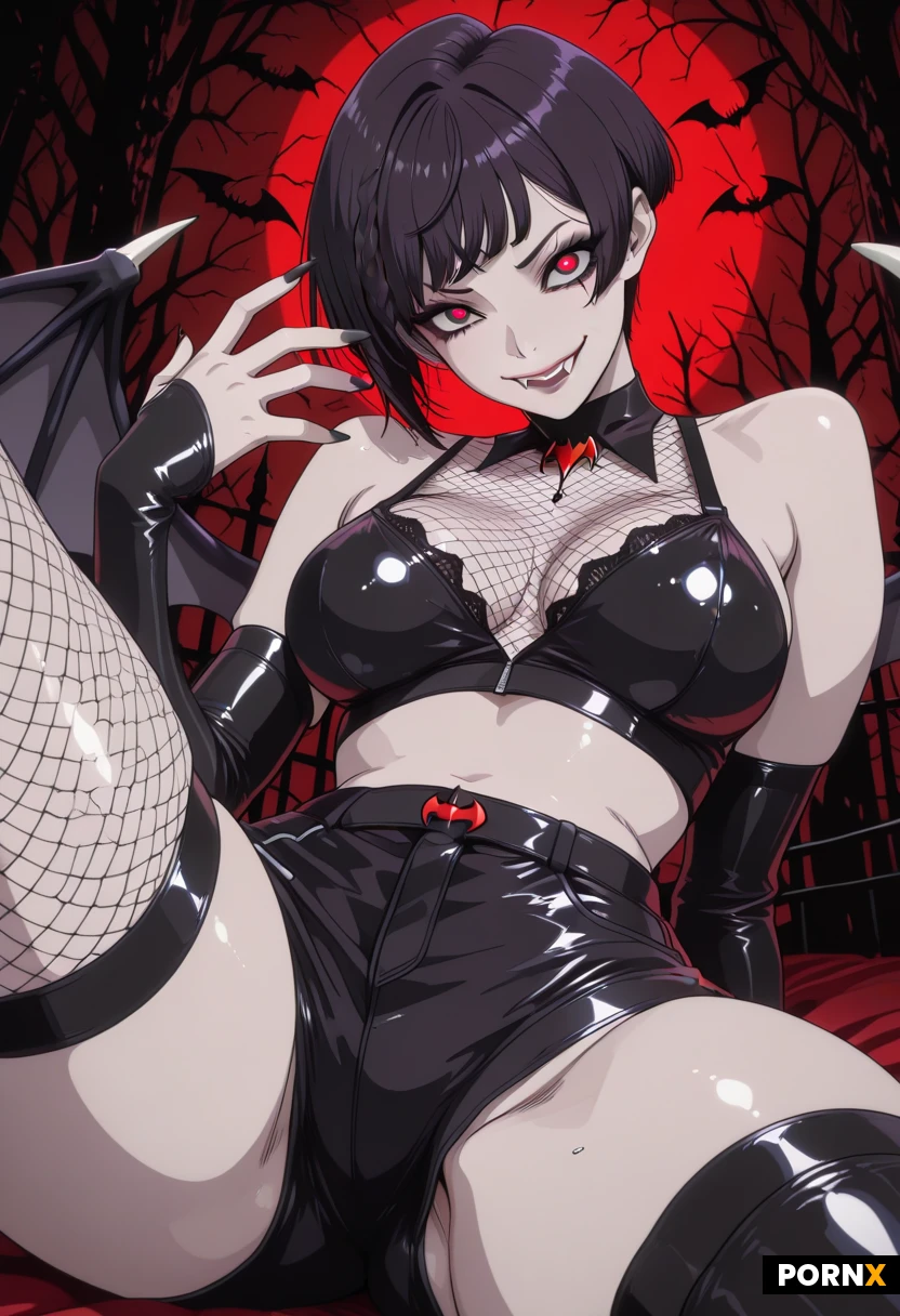 (Goth makeup : 1.5)
( Transforming into Vampire : 2.0 )
Small bat wings on back
( exaggerated, dynamic, and hyper-stylized - mahō shōjo art style : 1.5)
(dark black pixie haircut with long white-braids : 1.3) ,
(sparkling glowing black purple eyes)
Soft pale tan skin.
Grinning slutty, Nude
Fishnet crop top
Black gloves with black fingernails
( large eyes : 1.5)
( black booty shorts )