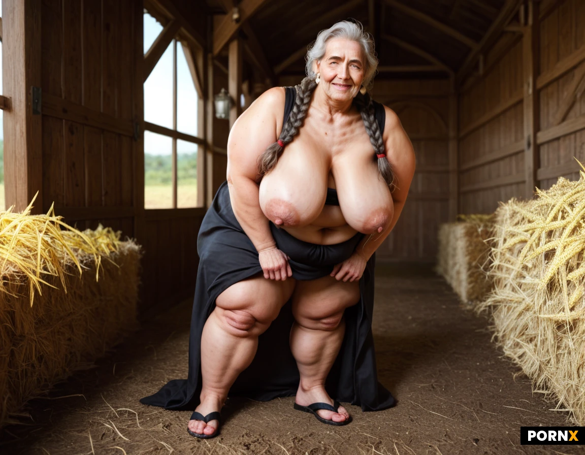 ((((gilf)))), ((obese)), mexican, elderly farmer woman, short, extremely fat, wide hips, huge ass, thick legs, heavy thighs, large belly, sagging breasts, messy gray hair, long braids, deep wrinkles, sagging cheeks, weathered skin, embroidered huipil, long traditional skirt, woven shawl, leather sandals, silver earrings, stained apron, open neckline, ecstatic face, raised eyebrows, rustic mexican farm, adobe farmhouse, wooden fence, dusty courtyard, corn fields, realism, view from below, realistic face, high detail face, realistic human texture, fine pores, natural aging, professional photo, hdr, ultra sharp, realism,fantasy,unreal engine,