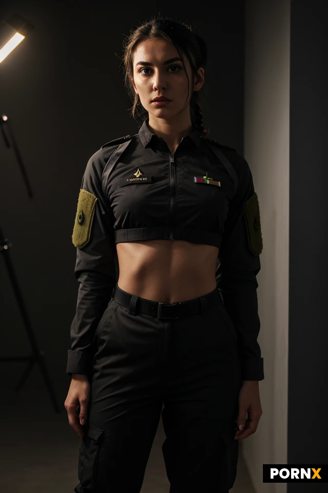 masterpiece, best quality, highres, absurdres, 1girl, solo, adult, 20s, short_hair, black_hair, ponytail, plait, athletic_body, tactical_gear, military_uniform, black_outfit, mid_shot, looking_at_viewer, serious, seductive, scary, dark_background, dim_lighting, dramatic_lighting