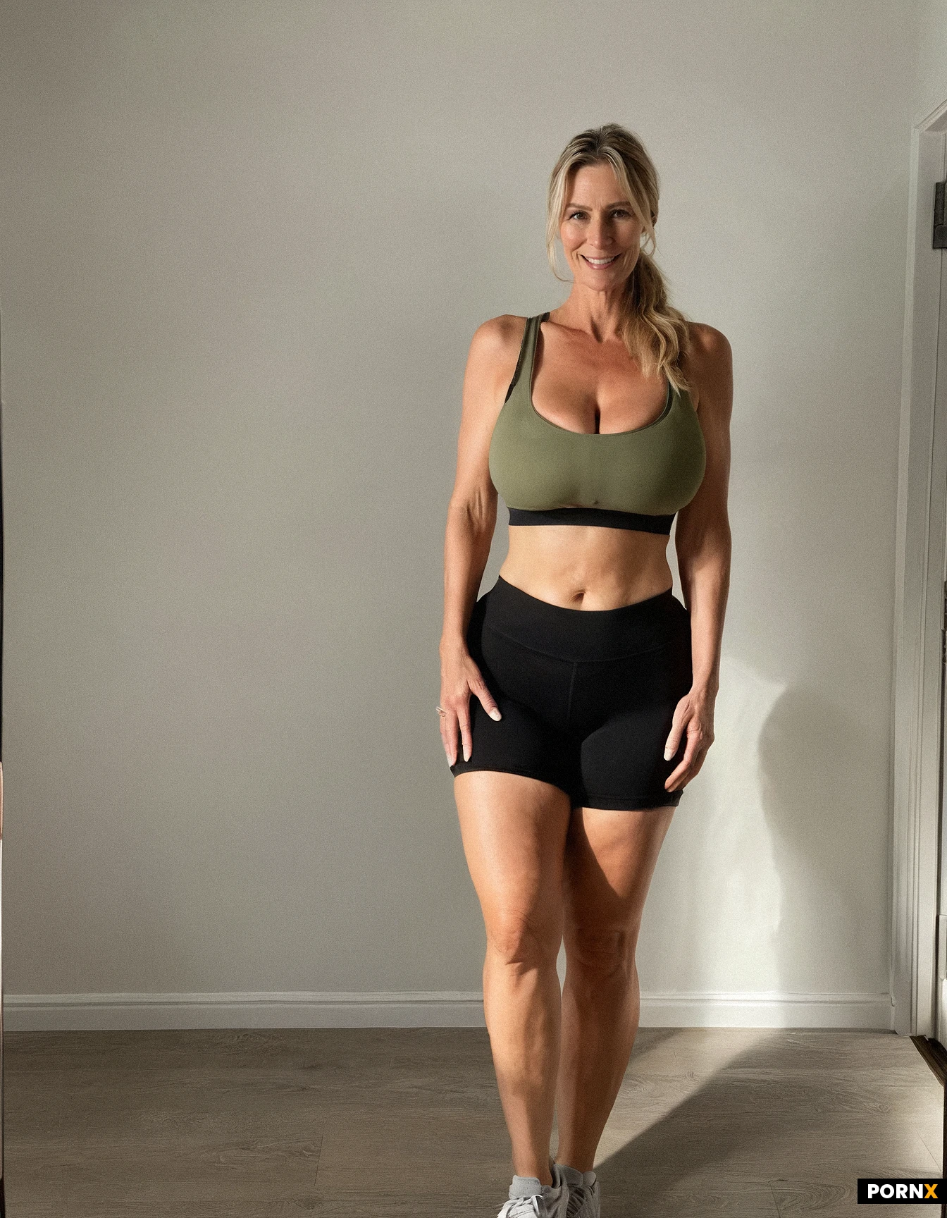 50-year-old white woman, full body view, standing with arms at side, smiling, blonde ponytail, wearing olive green sports bra and black shorts, massive saggy tits, massive thigh, in living room
