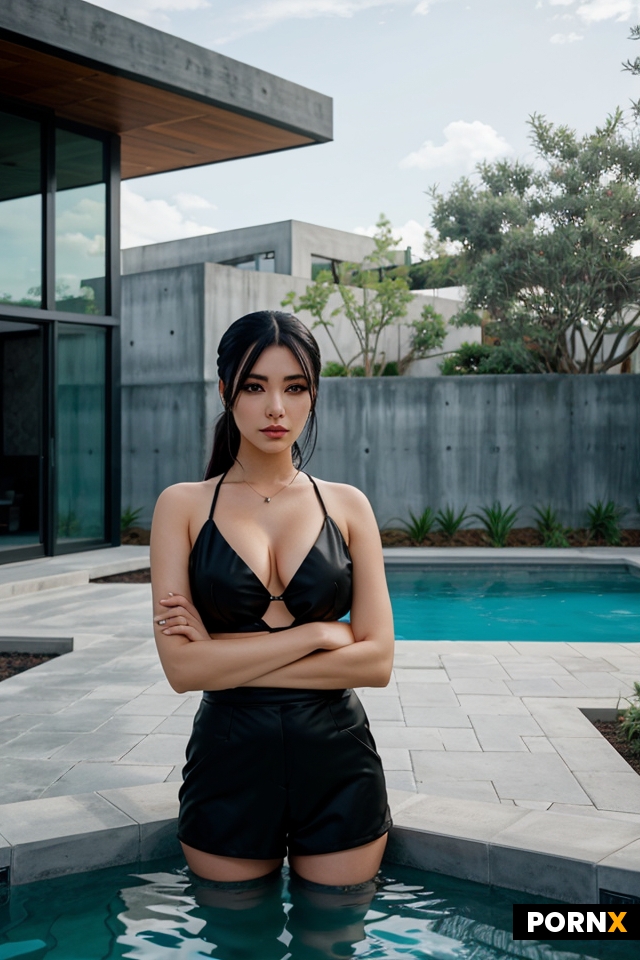 The setting feels serene but contrasts with her edgy